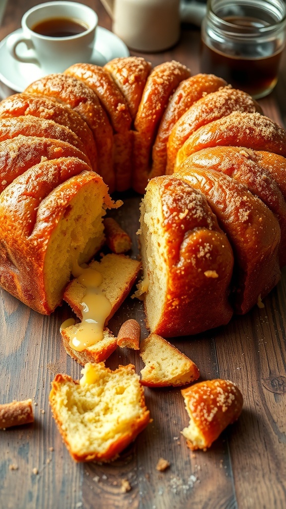 A close-up of golden monkey bread with cinnamon sugar, served on a wooden table.